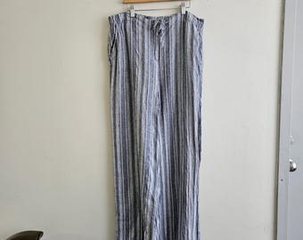 Vintage Clothing, Ladies Linen Pants, Grey Striped, Wide Leg, Drawstring Waist, Zipper Front, Nic and Zoe Brand 95% Linen, Ladies Size 14
