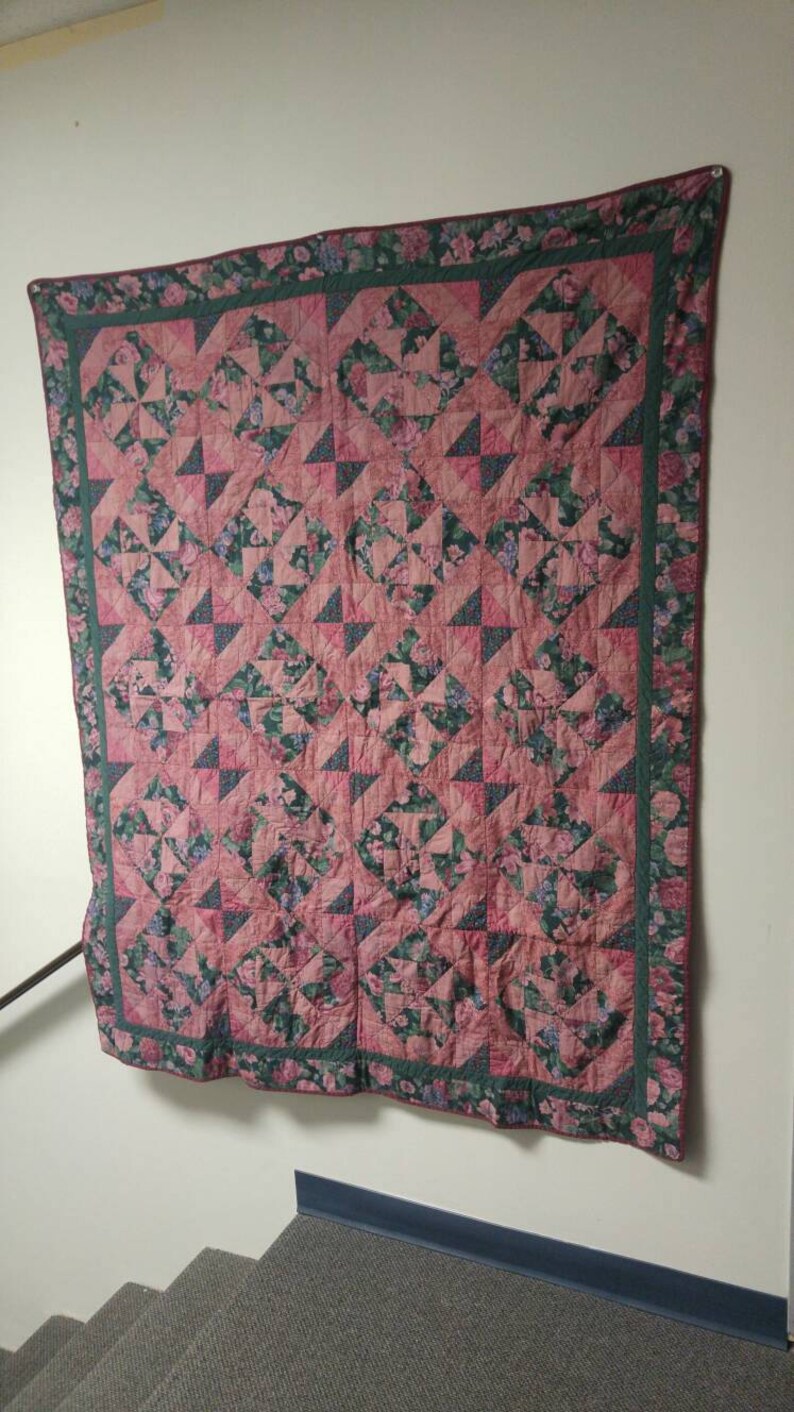 Cotton Plum and Dark Green Hand Dyed Dark Plum 52.5 inches X 66 inches Wedding Quilt Vintage Quilt Patchwork Double Size Quilt Block