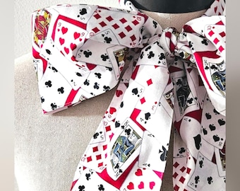 Upcycled Steampunk Clothing, Mad Hatter Bow Tie, Black, White, Red Playing Card Print Bow Tie Alice in Wonderland Tim Burton Bowtie Neck Tie