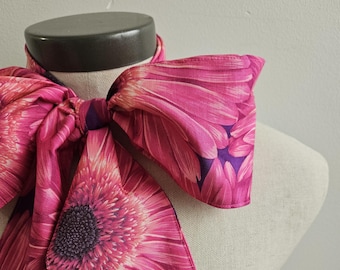 Upcycled Steampunk Clothing, Mad Hatter Bow Tie- Alice in Wonderland Hot Pink Cotton Print Gerber Daisies Neck Tie, Handmade Bow Tie