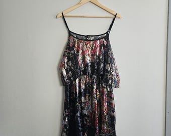 Vintage Clothing, Vintage 1990s Sequin Dress, Black, Pink and Silver, Multicoloured Floral Dress Sleeveless Lightweight, Ladies Size Large
