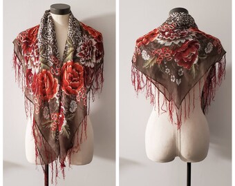 Vintage Scarf, Red and Brown Rose Print Scarf, Lightweight Ukranian Style Scarf with Fringes, Vintage Ladies Wrap, No Label 42 x 42 inches