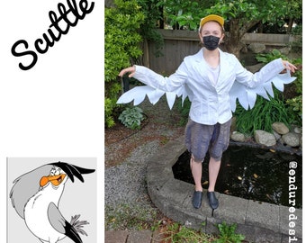 Upcycled Steampunk Clothing, Scuttle Seagull Costume, The Little Mermaid, White Hat, White Jacket, Grey Pants and Wings, Youth Size