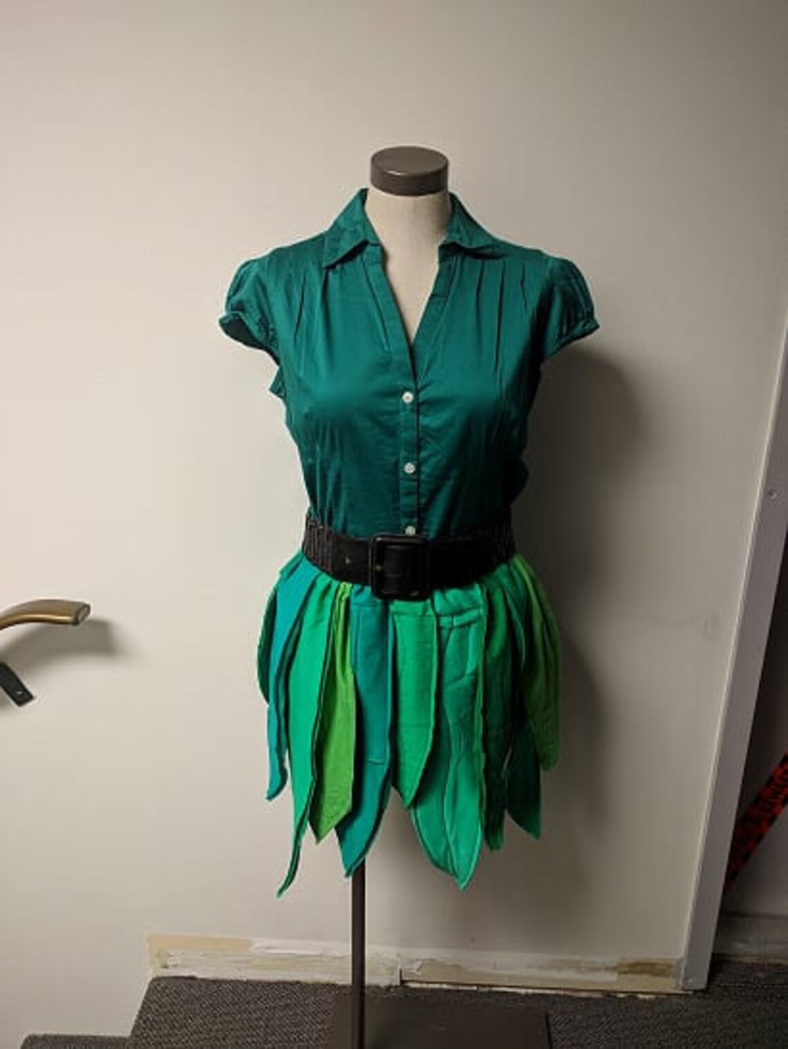 Upcycled Peter Pan Costume, (green Skirt/kilt; Top, Hat and Belt