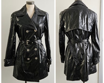 Vintage Clothing, Black PVC Trench, Vinyl Rain Coat, Nygard Brand,Double Breasted, Belted at waist and cuffs, Ladies Medium