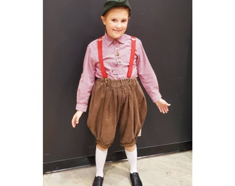 Upcycled Hansel Costume Checked Shirt, Brown Pants, Hat, Suspenders, Once Upon a Cold Snap, Grimm Fairytale Costume Youth Size