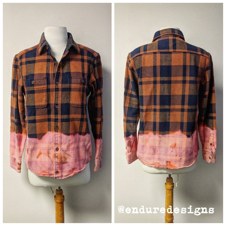 Dip Dyed Brown Plaid Shirt Cinnamon Brown and Black Bleach Dyed Reclaimed Button-up Shirt Heavy Weight Mens S #373 Upcycled Clothing