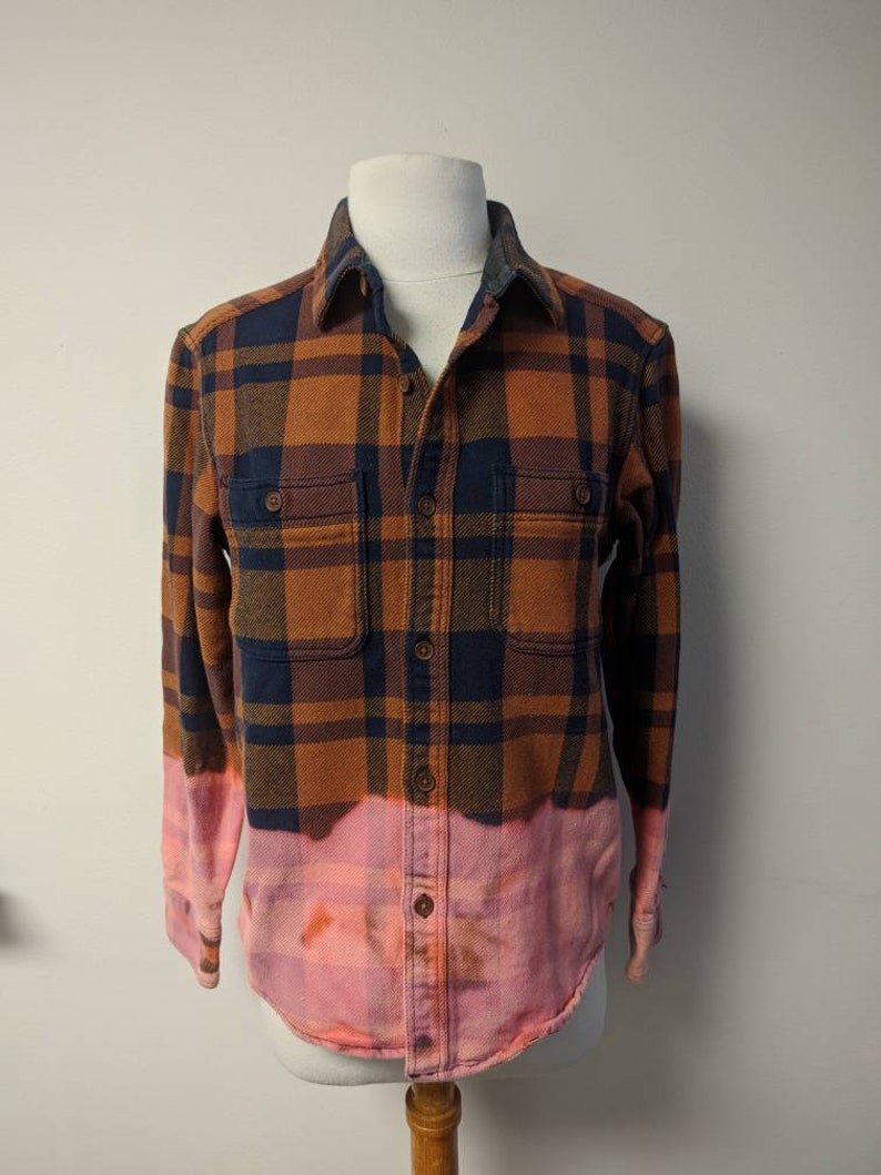 Dip Dyed Brown Plaid Shirt Cinnamon Brown and Black Bleach Dyed Reclaimed Button-up Shirt Heavy Weight Mens S #373 Upcycled Clothing