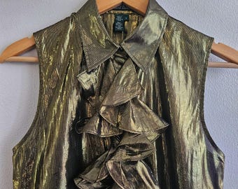 Vintage Clothing, Ladies Gold Silk Button up Blouse, Lauren Ralph Lauren Brand, Sleeveless 68% Silk 32 Metallic Ladies Size 6