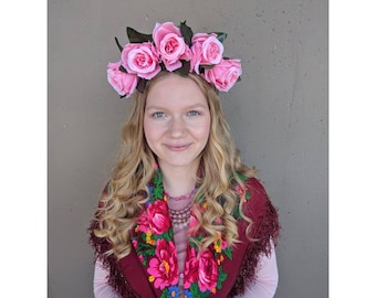 Frida Inspired Floral Crown - Pink Rose Floral Headpiece - Alice in Wonderland - Bridal Headpiece