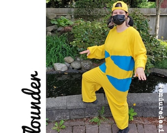 Upcycled Clothing, Flounder Costume Little Mermaid, Flounder Fish, Yellow Cotton Jersey Jumpsuit with Turquoise Stripes, Youth XL/Adult S/M