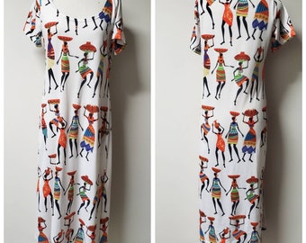 Vintage Clothing, Vintage T-Shirt Dress, White with Orange and Black Graphic Print Dress of African Women, Short Sleeved, Ladies Size M