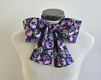 Upcycled Steampunk Clothing, Mad Hatter Bow Tie - Alice in Wonderland (Purple Skull Print) Cotton Neck Tie, Handmade Bow Tie