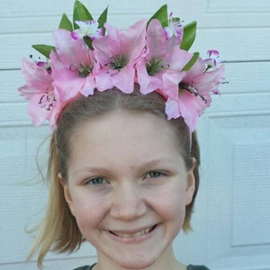 Frida Inspired Floral Crown Pink Petunia Lily Floral Headpiece Alice in Wonderland Pink Rose Bridal Headpiece image 1