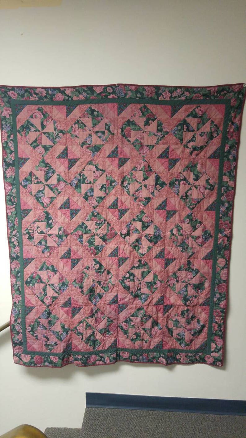 Cotton Plum and Dark Green Hand Dyed Dark Plum 52.5 inches X 66 inches Wedding Quilt Vintage Quilt Patchwork Double Size Quilt Block
