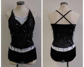 Vintage Dance Costume Vintage Black Dance Costume with Black Sequins and Black Fringe, Sleeveless Romper with Shorts, Youth Size Large