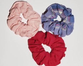 Upcycled Linen Hair Scrunchies, 3 Pack Linen Scrunchies, Made from reclaimed Linen Shirts, One each Hot Pink, Pale Pink and Periwinkle Plaid