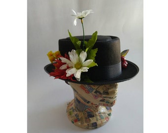 Upcycled Steampunk Clothing - Mary Poppins Costume, Custom Made Black Hat with White Daisies, Spoon Full of Sugar