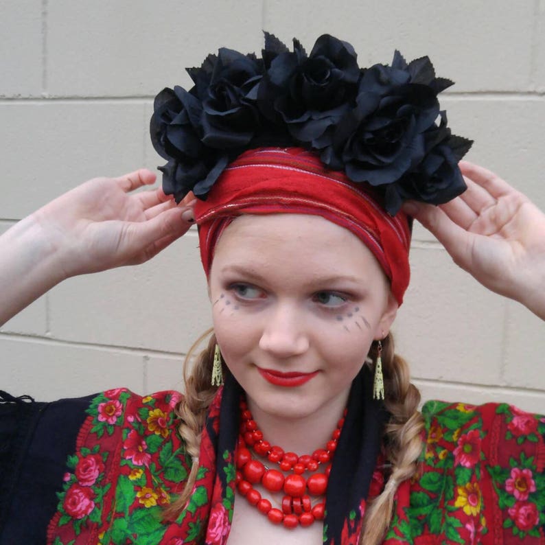 Frida Inspired Floral Crown Black Rose Floral Headpiece Zombie Day of the Dead Bridal Headpiece image 1