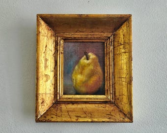 Vintage Painting Botanical Green Pear Gold Wood Frame Original Painting Vintage Artwork Acrylic on Canvas Board Framed 9x10 inches