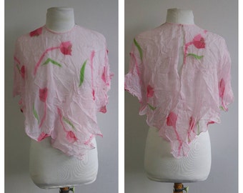 Lencería vintage, chaqueta de cama vintage de 1960, chaqueta de cama floral de gasa rosa claro, jersey estilo poncho, talla XS #013 para damas