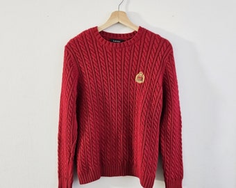 Vintage Clothing, Red Cable Knit Sweater, Ralph Lauren Brand 100% Cotton Embroidered Emblem Ladies Size M