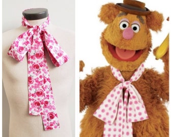 Upcycled Clothing Fozzie Bear Bow Tie, The Muppets,  Pink and White Floral Print Neck Tie, Handmade Costume Accessory