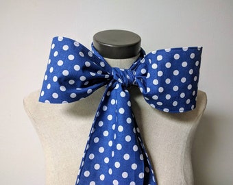 Upcycled Clothing Mad Hatter Bow Tie, Alice in Wonderland, Cotton Print Royal Blue and White Polka Dot Bow Tie, Costume Accessory