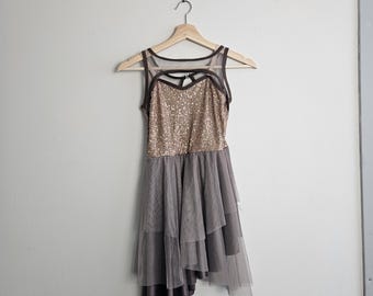 Vintage Dance Costume, Brown Sequin Dance Costume, Brown Sleeveless Lycra Leotard Bodysuit with attached Tulle Skirt, Youth Size Large