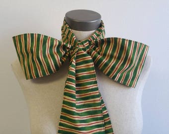 Upcycled Steampunk Clothing, Mad Hatter Bow Tie, Alice in Wonderland (Green, Gold and Red Striped Print) Neck Tie, Handmade Bow Tie