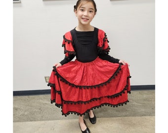 Upcycled Costume, Spanish Dancer, Red and Black 2pce Costume Black Bodysuit With Red Taffeta Ruffle Skirt, Youth Size