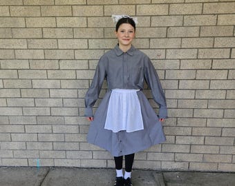 Upcycled Clothing, Maid Servant Dress from Little Orphan Annie - Grey Cotton Skirt, White Apron, Grey Shirt, Headpiece, Ladies S/M
