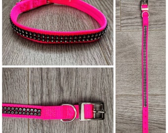 Handmade Dog Collar, Pink Dog Collar, Neon Pink 5/8" Width with Rhinestone Trim Dog Collar, Size Small Adjustable 13 to 15.5 inches