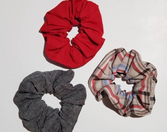 Upcycled Linen Hair Scrunchies, 3 Pack Linen Scrunchies, Made from reclaimed Linen Shirts, One of each Red, Charcoal Grey and Plaid