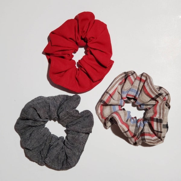 Upcycled Linen Hair Scrunchies, 3 Pack Linen Scrunchies, Made from reclaimed Linen Shirts, One of each Red, Charcoal Grey and Plaid