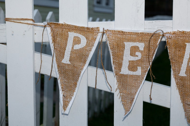 Upcycled PEACE Burlap Banner White with White Felt Backing Rustic Christmas Bunting Eco-Friendly Home Decor image 3