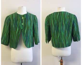 Vintage Clothing, Vintage Ladies Green Jacket, Green Striped Cropped Jacket, No Label, Button Front Closure, Ladies Size Petite Large