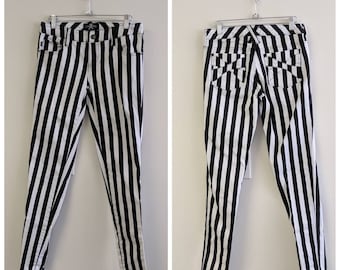 Vintage Clothing, Black and White Striped Pants, Rocker Striped Pants, Royal Bones Brand, Goth Striped Beetlejuice Pants, Ladies Size 7