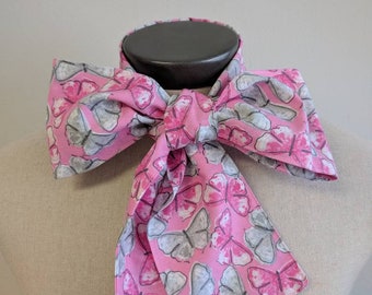 Upcycled Steampunk Clothing, Mad Hatter Bow Tie- Alice in Wonderland Pink with White Cotton Printed Cotton Neck Tie, Handmade Bow Tie