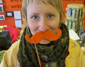 Upcycled Steampunk Tangerine Orange Felt Handlebar Mustache on a Stick - Movember Movement
