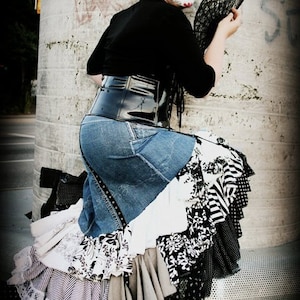Upcycled Flamenco Skirt, Day of the Dead Lolita Sugar Skull Steampunk Clothing Blue Denim, Black and White Polka Dots and Prints image 1