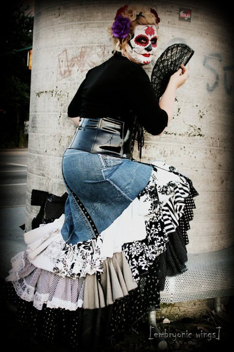 Upcycled Flamenco Skirt, Day of the Dead Lolita Sugar Skull Steampunk Clothing Blue Denim, Black and White Polka Dots and Prints image 1