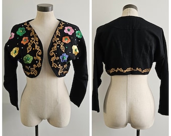 Vintage Jacket, Ladies Black Bolero Cropped Shrug Jacket with Sequined Flower Appliques and Gold Embroidery, Jou Jou Brand, Adult M