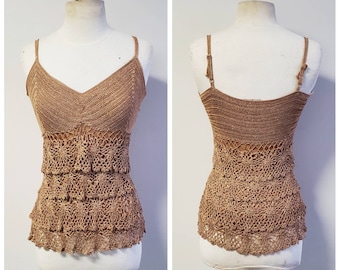 Vintage Clothing, 1990s Vintage Gold Crocheted Tank Top, Crocheted Lace Tank Top, Gold Fancy Top, Vintage Le Chateau Brand, Ladies Size M
