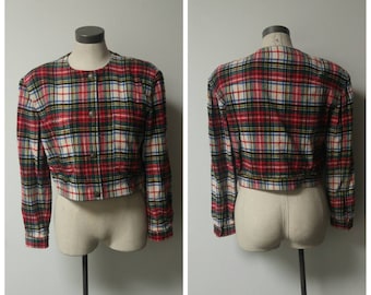 Vintage Clothing, Ladies Wool Plaid Cropped Jacket, Vintage BYBLOS Brand, Red, White, Green Plaid, Made in Italy, Ladies Size 44