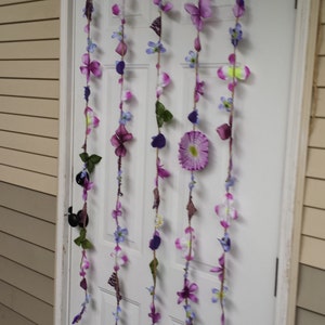 Upcycled Leaves Garland Doorway Curtain Purple Flowers Handmade Leave Backdrop Wedding Graduation Birthday Handmade Green Recycled image 3