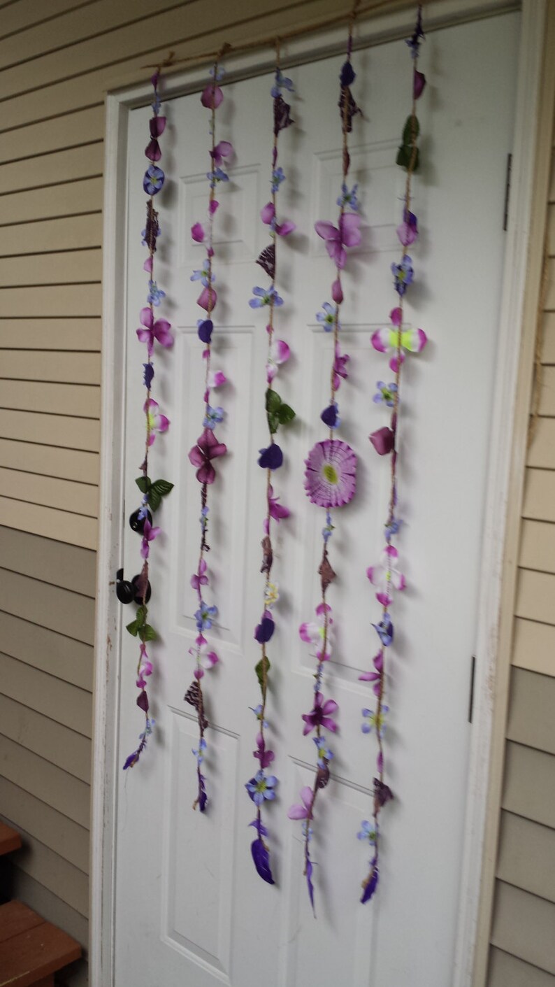 Upcycled Leaves Garland Doorway Curtain Purple Flowers Handmade Leave Backdrop Wedding Graduation Birthday Handmade Green Recycled image 3
