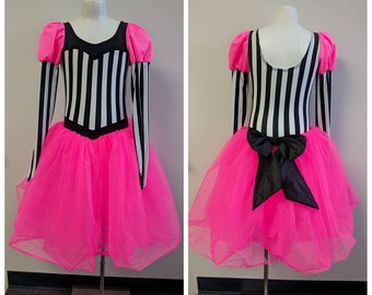 Vintage Dance Costume, Vintage Neon Pink Dance Costume with Black and White striped Lycra and Multi Layered Tulle Skirt, Youth Size Large