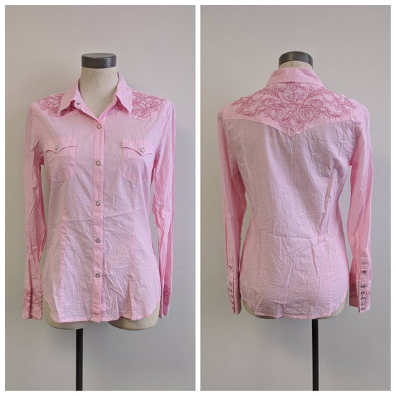 Vintage Clothing, Ladies Pink Western Shirt Pink Vintage Shirt Stetson Brand, Embroider Snap Front 100% Cotton Shirt Slim Fit Ladies Medium