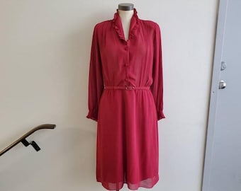 Vintage Clothing, 1980s 1990s Dark Red Polyester Dress with Ruffle on collar and cuffs, 3/4 Length Dress with Belt, L/S Ladies Size 12
